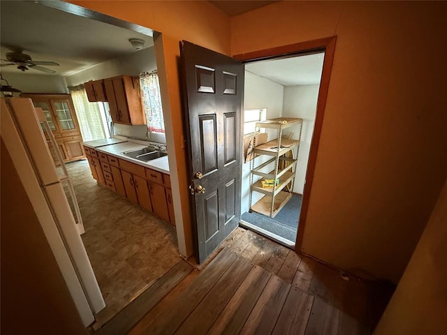 kitchen with wood-type flooring, ceiling fan, and sink