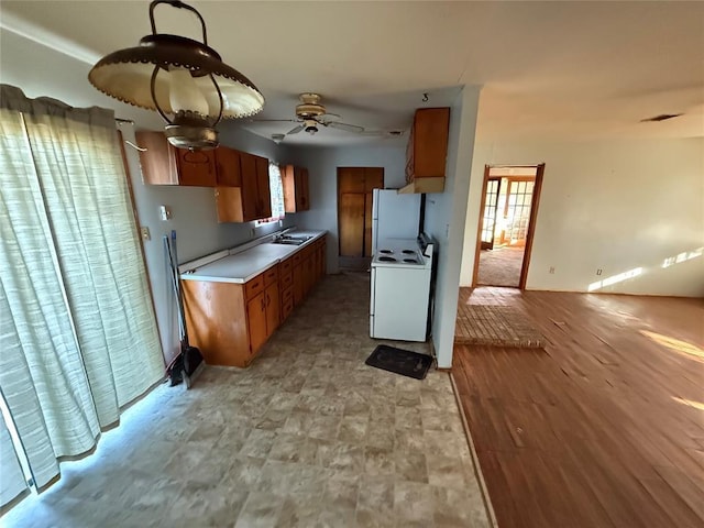 kitchen featuring ceiling fan, white appliances, sink, and a wealth of natural light