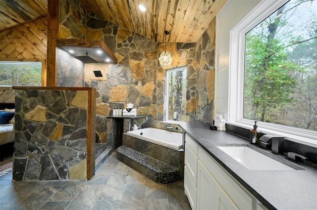 bathroom featuring independent shower and bath, vaulted ceiling, plenty of natural light, and wooden ceiling