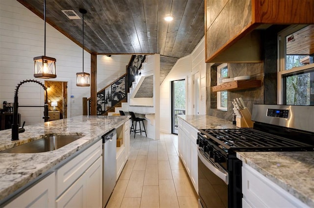 kitchen with white cabinets, a healthy amount of sunlight, stainless steel appliances, and vaulted ceiling