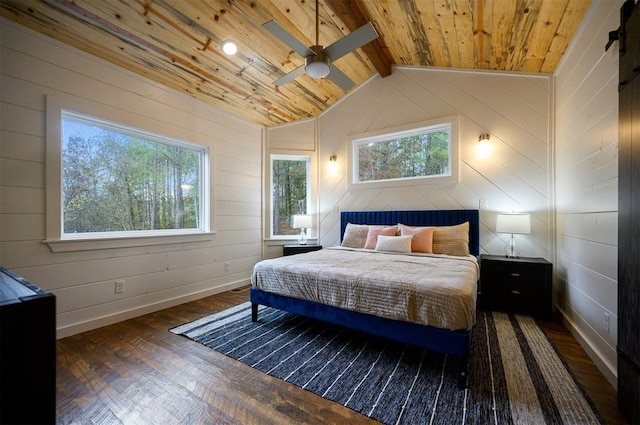 bedroom with ceiling fan, wooden walls, dark wood-type flooring, wooden ceiling, and vaulted ceiling with beams