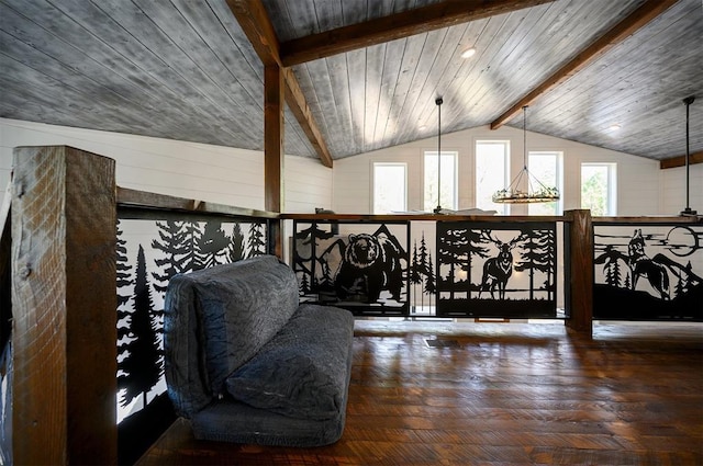 sitting room with dark hardwood / wood-style flooring, vaulted ceiling with beams, an inviting chandelier, and wood ceiling