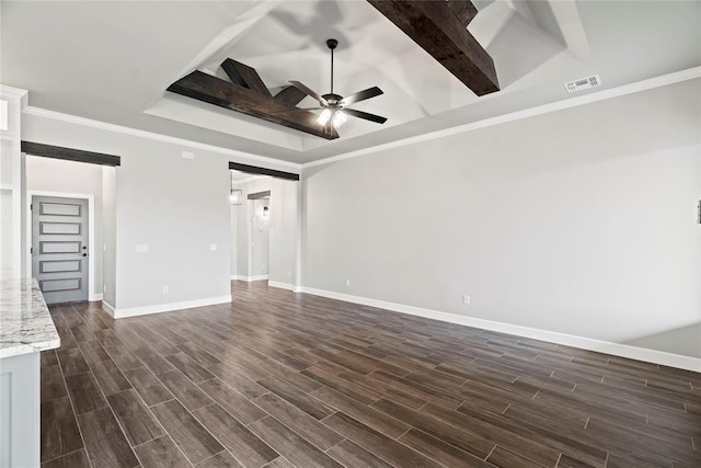 unfurnished living room with ceiling fan, beam ceiling, and crown molding