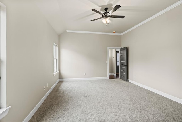 10513 SW 51st St, Mustang, OK 73064 - carpeted empty room with baseboards, ceiling fan, ornamental molding, and lofted ceiling
