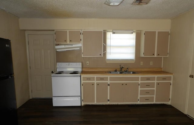 kitchen featuring black fridge, sink, range hood, white electric range oven, and dark hardwood / wood-style flooring