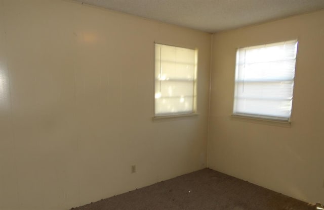 carpeted empty room featuring a textured ceiling