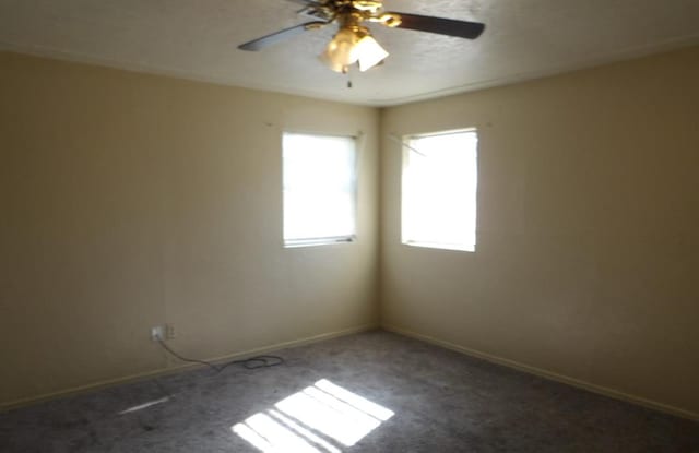 carpeted spare room with ceiling fan