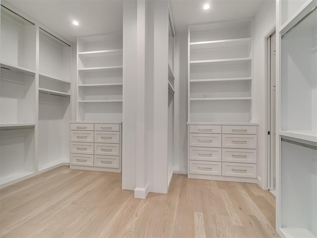 spacious closet featuring light hardwood / wood-style flooring