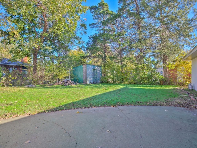 view of yard with a storage shed