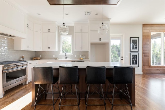 kitchen featuring a kitchen island, a wealth of natural light, and high end stainless steel range oven