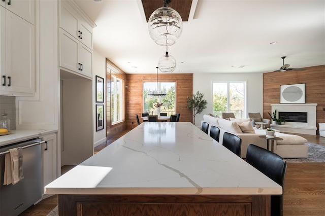 kitchen featuring dark wood-type flooring, stainless steel dishwasher, decorative backsplash, decorative light fixtures, and white cabinetry