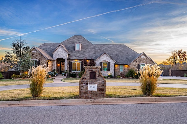 french country inspired facade with a yard