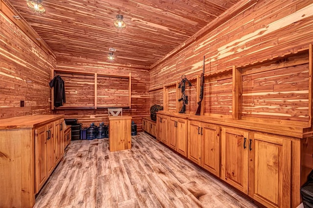 wine room with wood walls, light hardwood / wood-style flooring, and wood ceiling