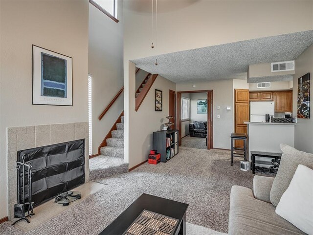 living room featuring light colored carpet and a textured ceiling