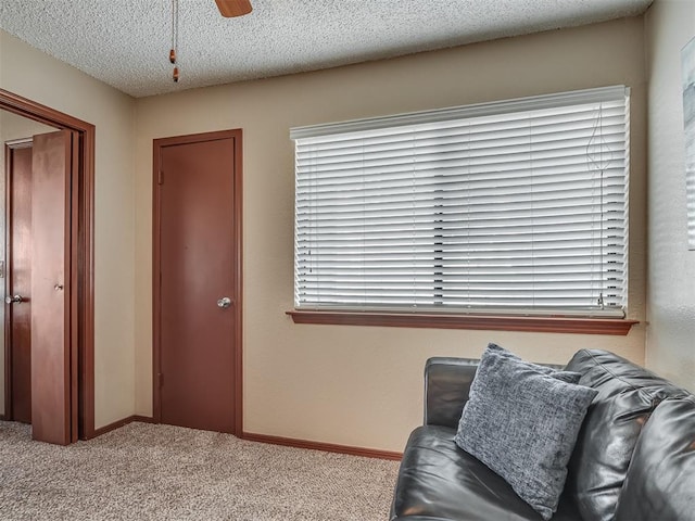 living area with carpet, ceiling fan, and a textured ceiling