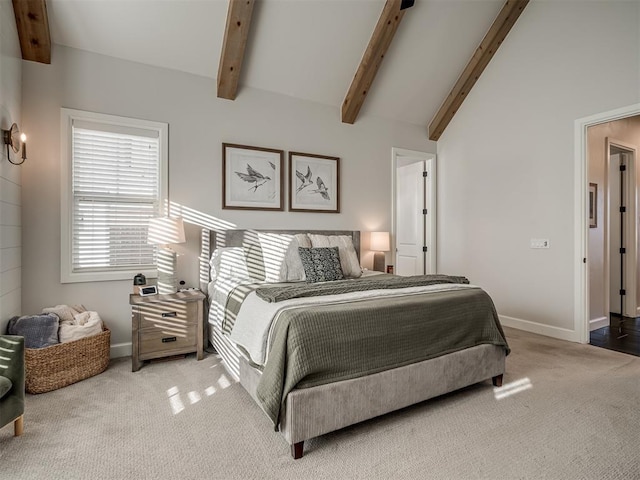 bedroom featuring carpet flooring, high vaulted ceiling, and beamed ceiling