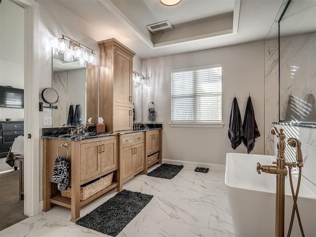 bathroom with a bathtub, a tray ceiling, and vanity