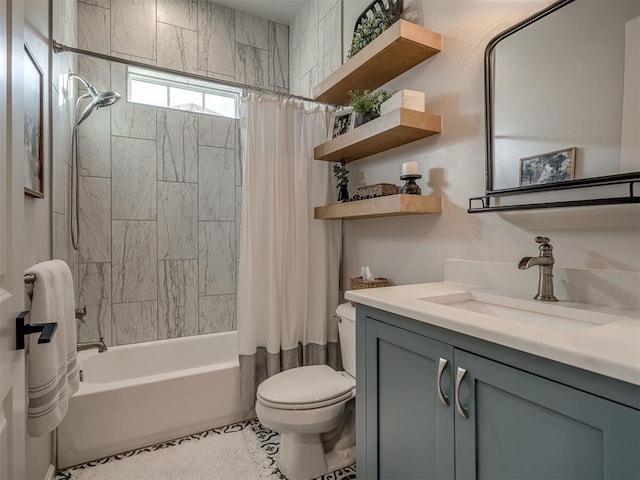 full bathroom featuring toilet, vanity, tile patterned floors, and shower / bathtub combination with curtain