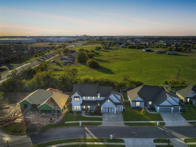 view of aerial view at dusk