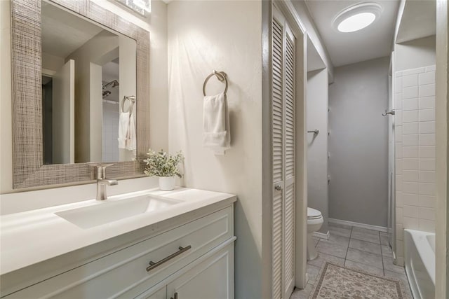 full bathroom featuring tile patterned flooring, vanity, shower / bath combination, and toilet