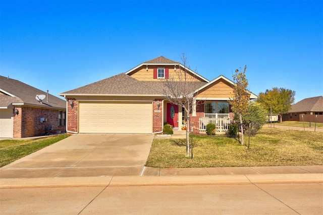 view of front of home with a front yard, a porch, and a garage