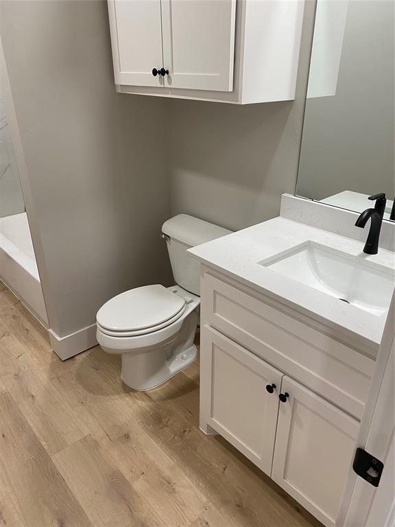 bathroom featuring vanity, hardwood / wood-style floors, and toilet