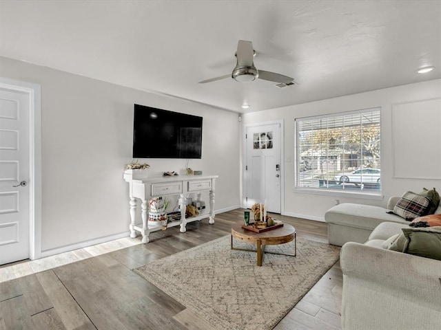 living room with ceiling fan and light wood-type flooring