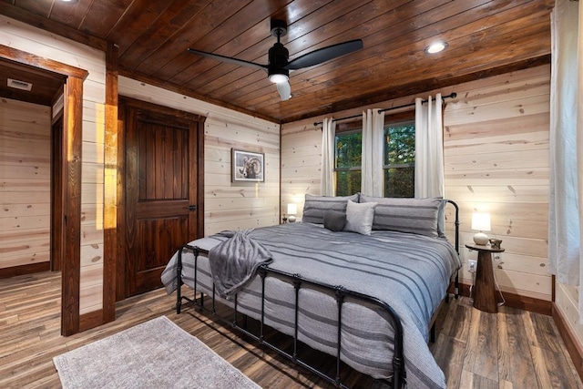 bedroom featuring ceiling fan, wood ceiling, wooden walls, and wood-type flooring