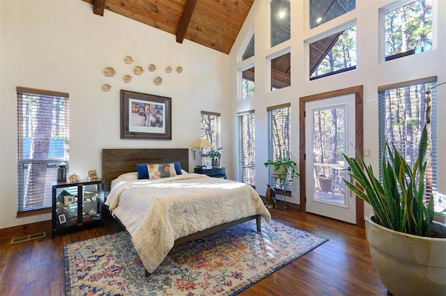 bedroom featuring access to exterior, beamed ceiling, high vaulted ceiling, dark hardwood / wood-style floors, and wood ceiling