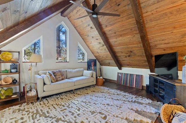 living room with lofted ceiling with beams, dark hardwood / wood-style floors, ceiling fan, and wood ceiling