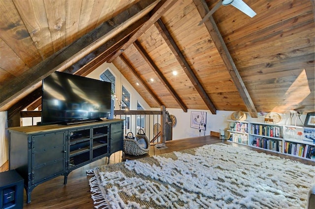 interior space featuring vaulted ceiling with beams, dark hardwood / wood-style floors, and wooden ceiling