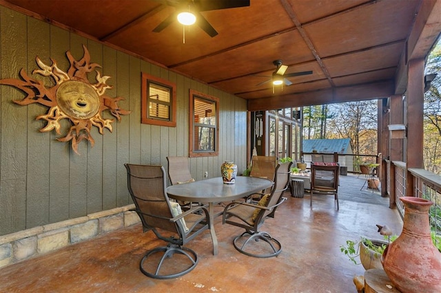 sunroom / solarium with ceiling fan and wooden ceiling