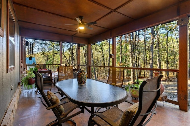 sunroom / solarium with ceiling fan and wooden ceiling