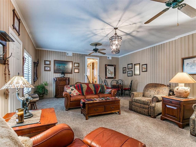 living room featuring light carpet, a notable chandelier, and ornamental molding