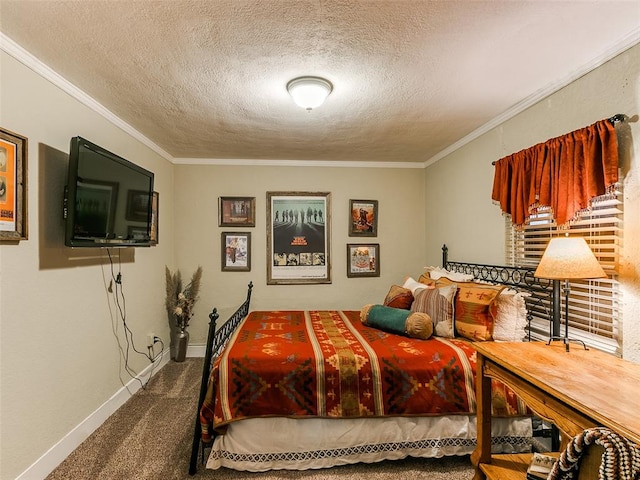 carpeted bedroom featuring a textured ceiling and ornamental molding