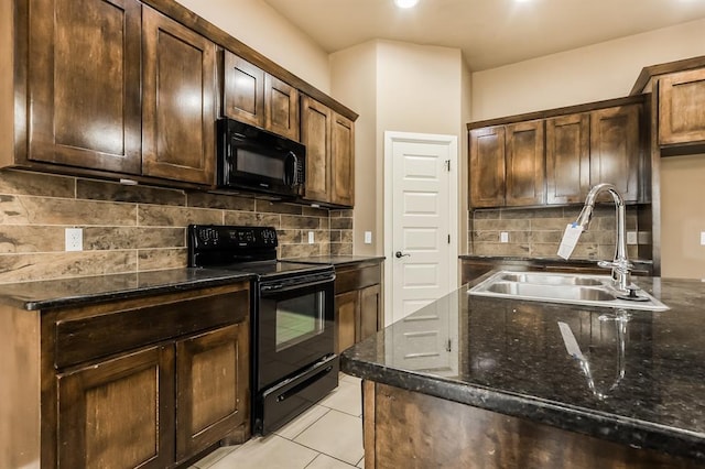 kitchen with backsplash, dark stone counters, black appliances, sink, and light tile patterned flooring