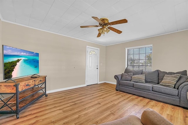 living room with ceiling fan, ornamental molding, and light hardwood / wood-style flooring