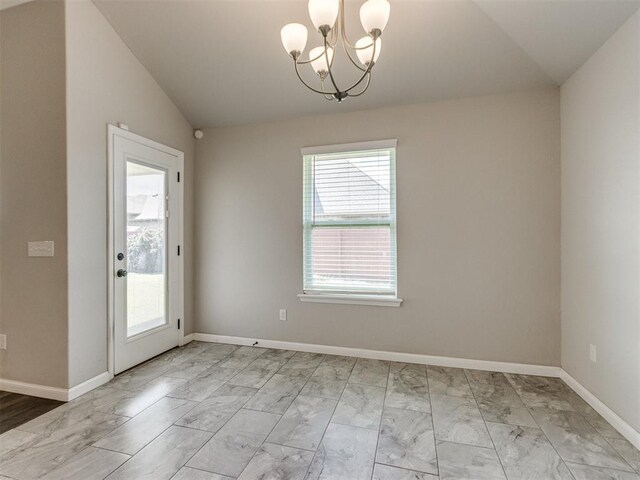 2213 Waterbrook Ct, Norman, OK 73026 - unfurnished dining area with lofted ceiling, light marble finish flooring, a chandelier, and baseboards