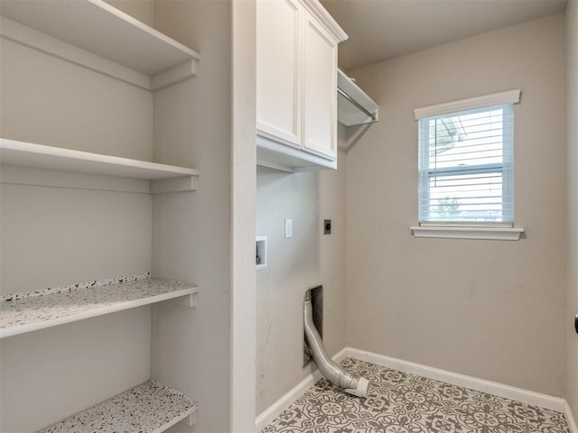 2213 Waterbrook Ct, Norman, OK 73026 - washroom featuring electric dryer hookup, cabinet space, baseboards, and light tile patterned floors