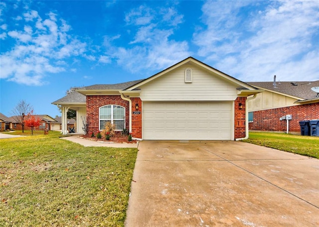 ranch-style home featuring a front lawn and a garage