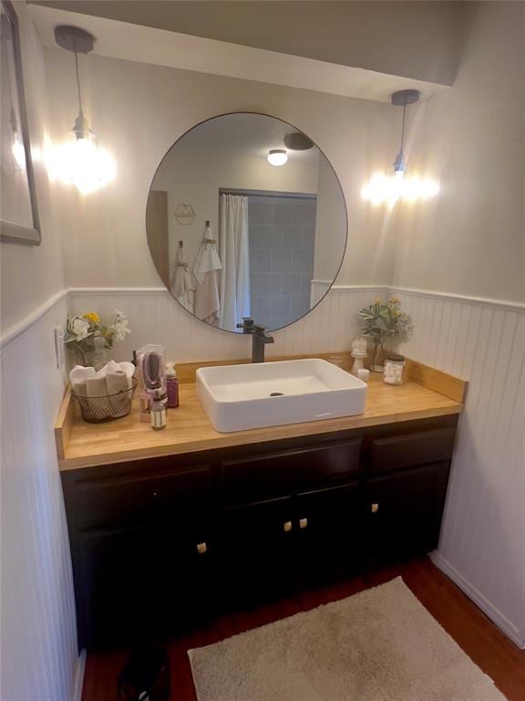 bathroom with hardwood / wood-style floors and vanity