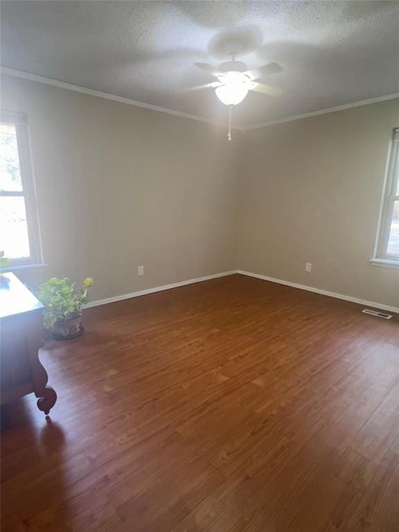 spare room with plenty of natural light, dark hardwood / wood-style floors, and a textured ceiling