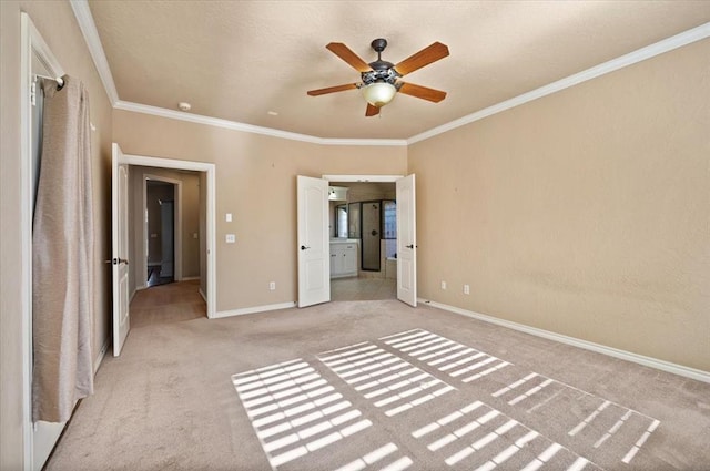 unfurnished bedroom featuring light carpet, crown molding, and ceiling fan