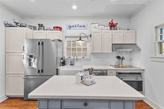 kitchen with hardwood / wood-style floors, ventilation hood, sink, a kitchen island, and stainless steel appliances