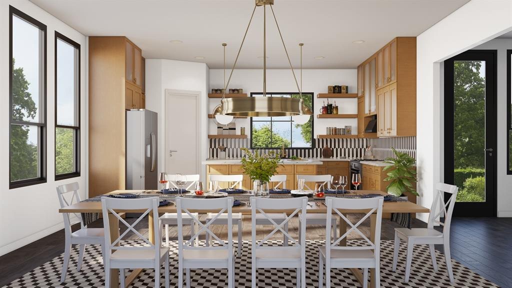 dining space with dark wood-type flooring