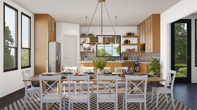 dining space with dark wood-type flooring