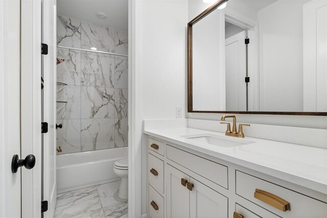 417 Basin Way, Norman, OK 73069 - bathroom featuring marble finish floors, vanity, toilet, and bathtub / shower combination