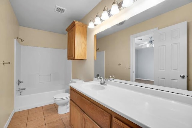 full bathroom with vanity, tile patterned flooring, ceiling fan, toilet, and shower / bathtub combination