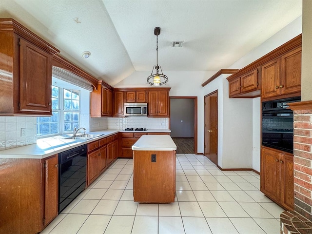 kitchen with backsplash, black appliances, decorative light fixtures, a center island, and lofted ceiling