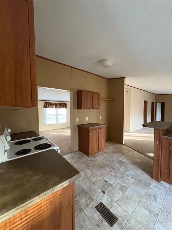 kitchen with white electric range oven and light colored carpet